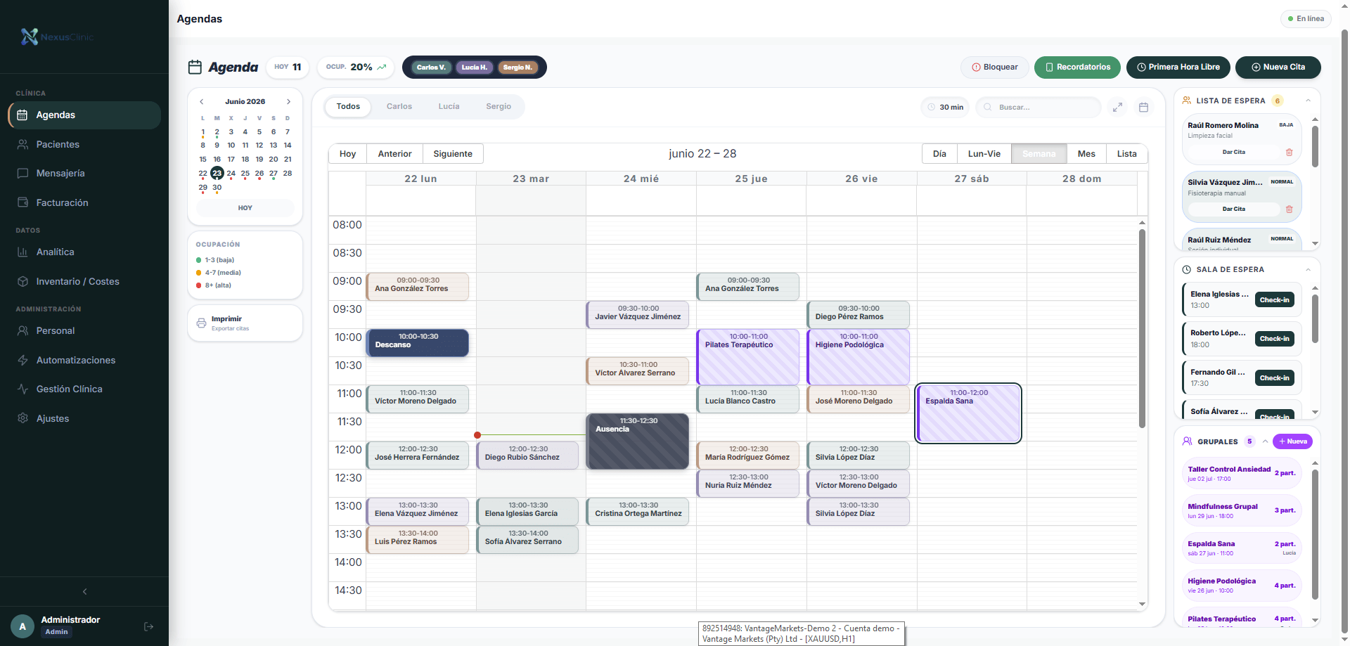 Agenda semanal de NexusClinic con citas de varios profesionales