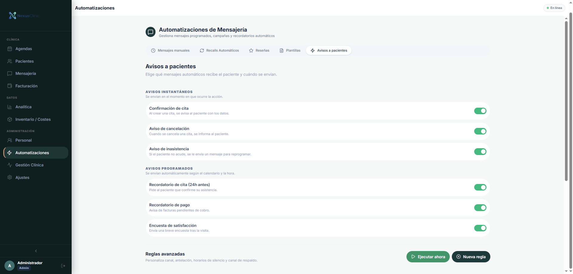 Ajustes de comunicaciones y recordatorios automáticos