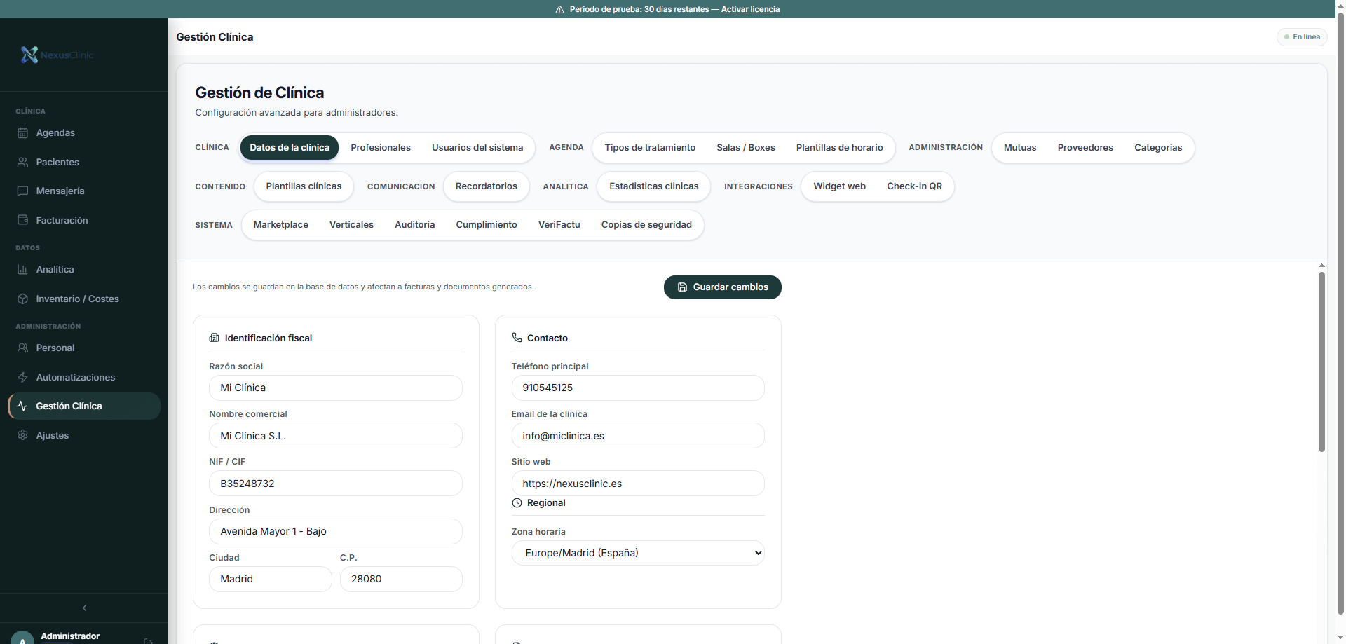 Panel de gestión de la clínica con sus bloques de configuración