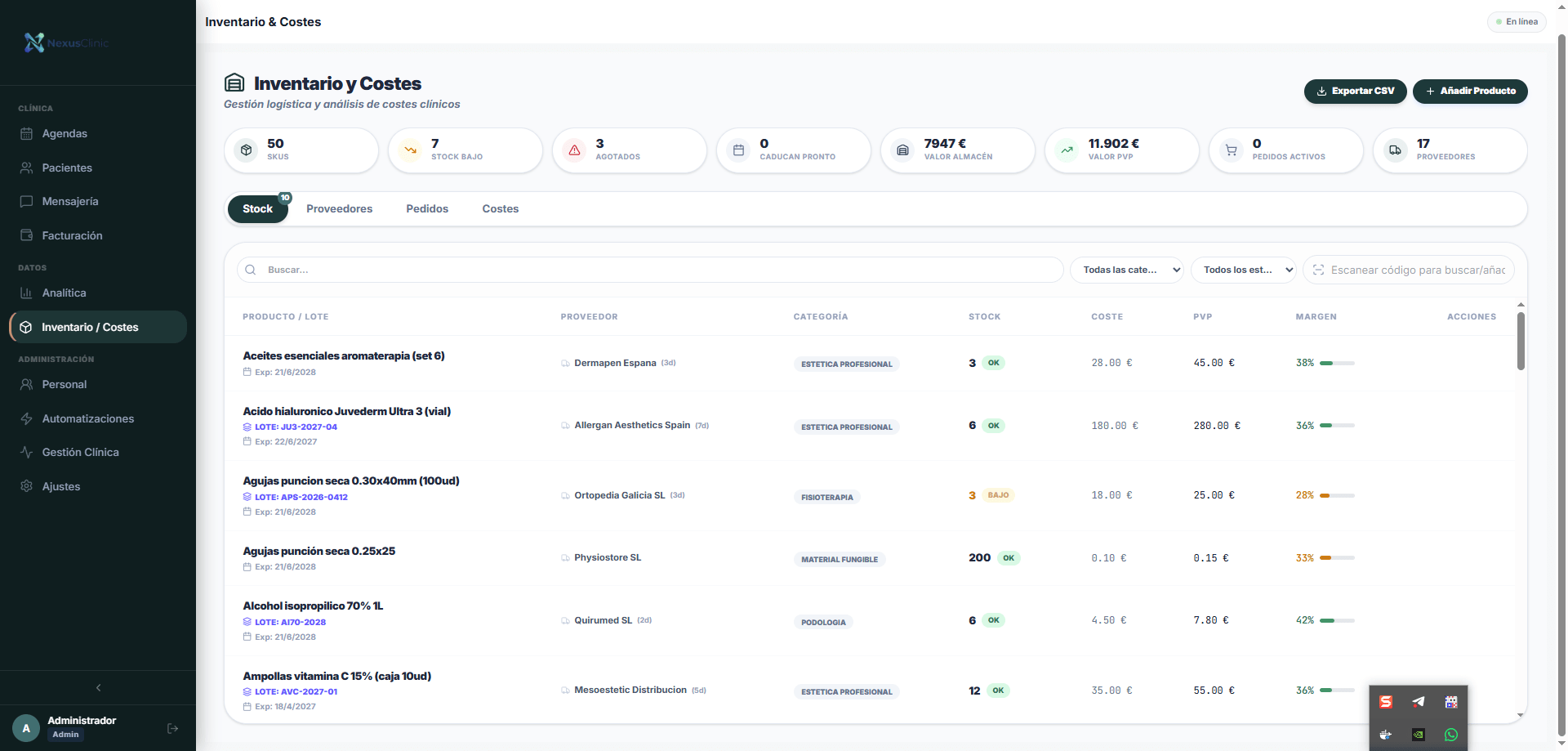 Inventario de productos con stock y alertas de reposición