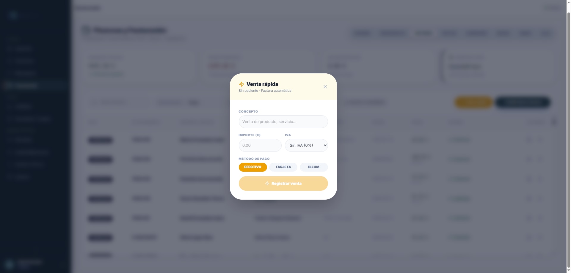 Modal de venta rápida (TPV) para cobros de mostrador