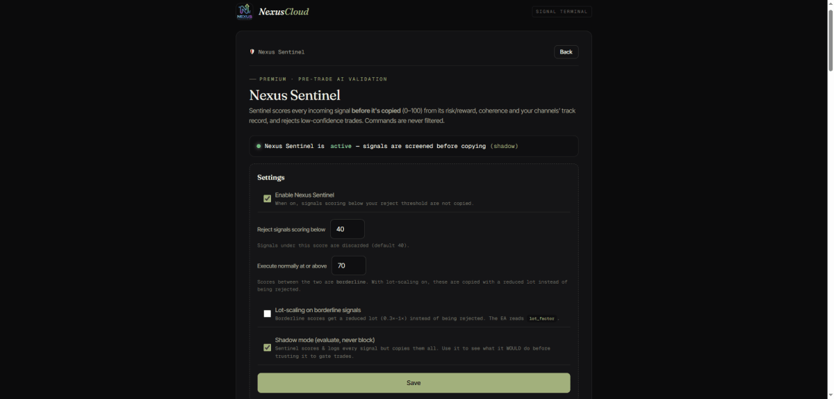 Nexus Sentinel scoring panel