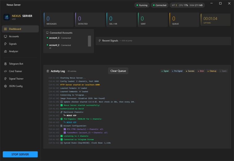 Nexus Server — live signal feed