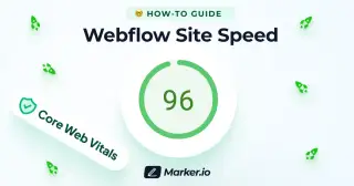 A guide on Webflow speed optimization that shows a high Pagespeed Insights performance score and a Passed Core Web Vitals status.