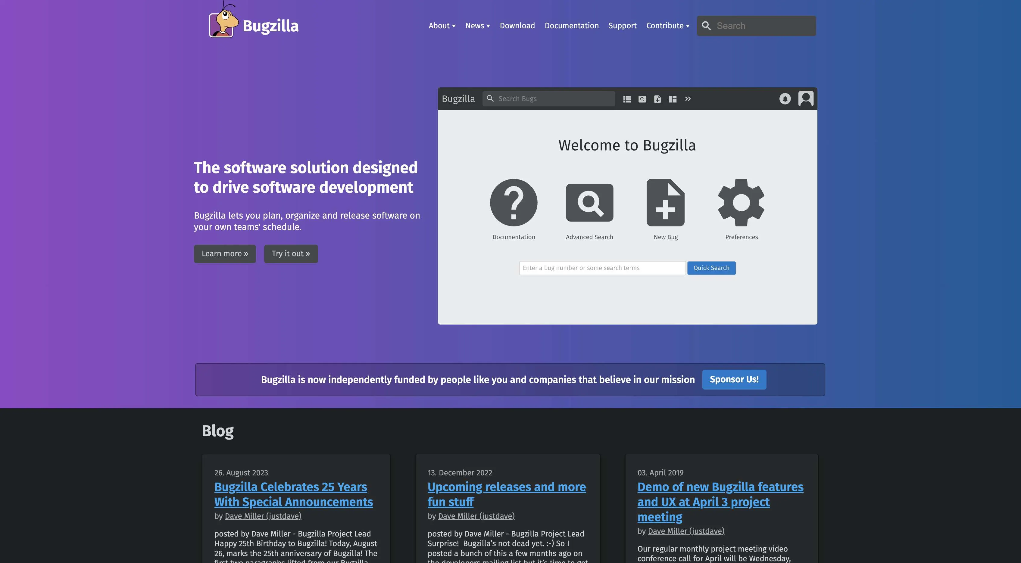 Screenshot of the Bugzilla homepage.