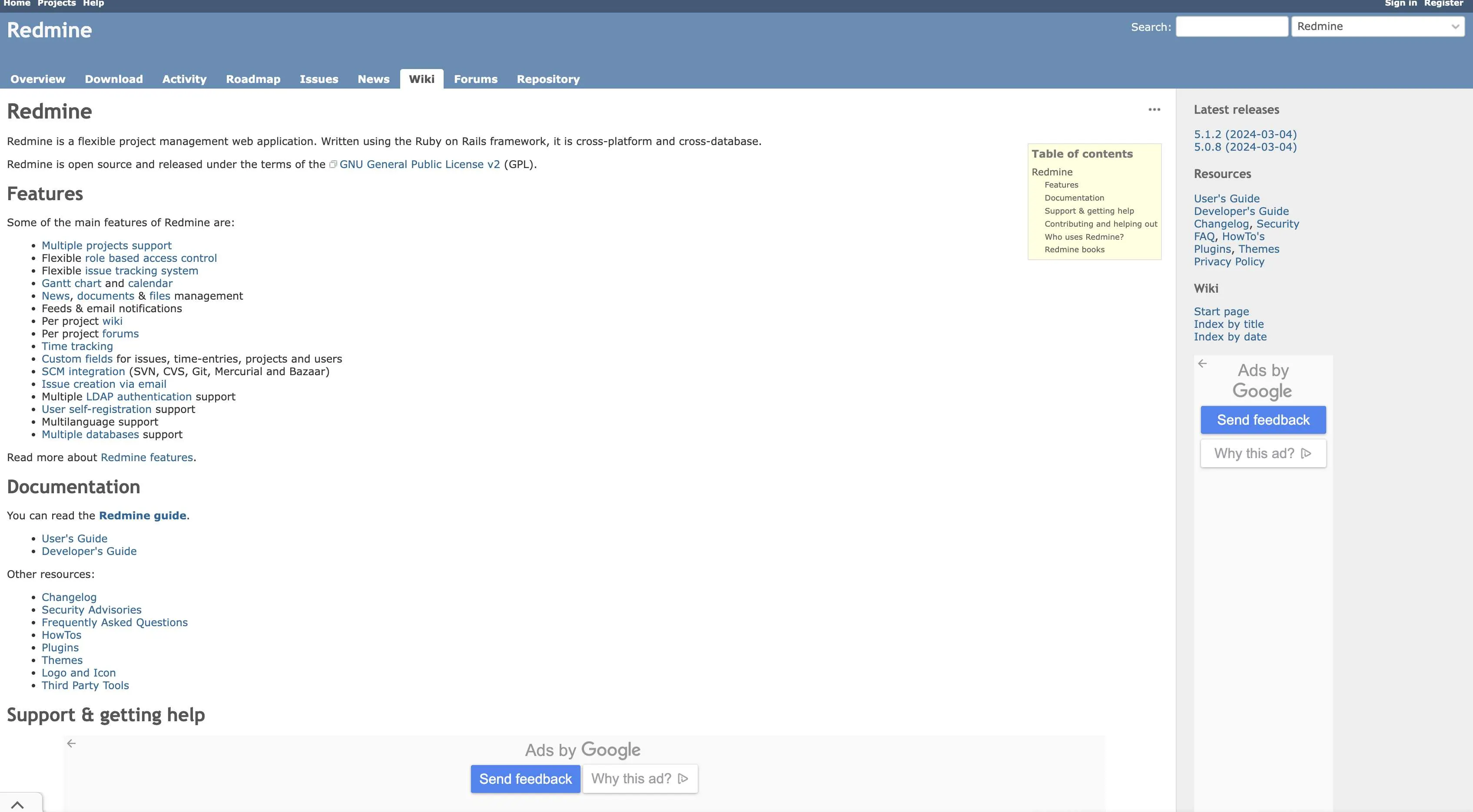 Screenshot of the Redmine main page.