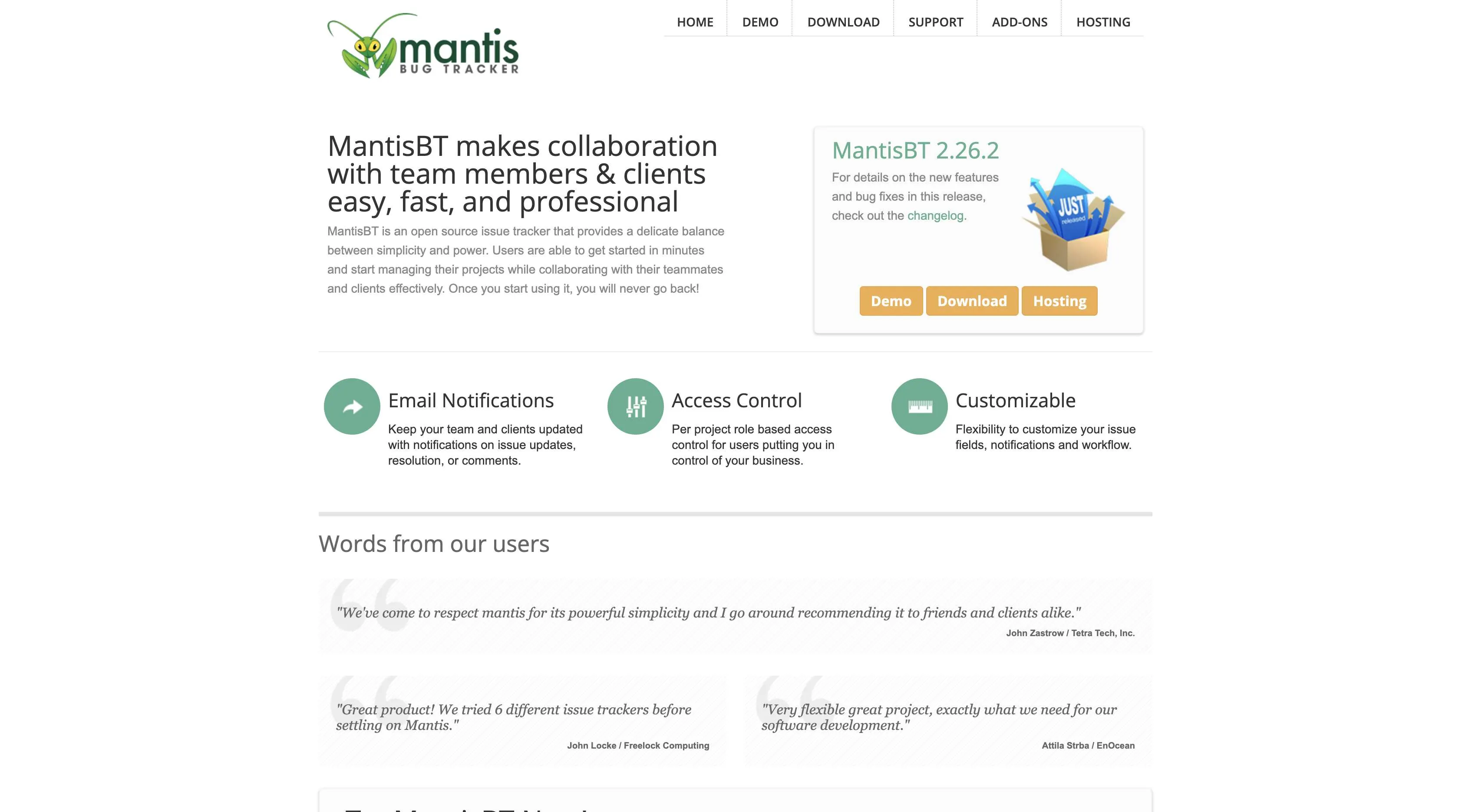 Screenshot of the Mantis bug tracker homepage.