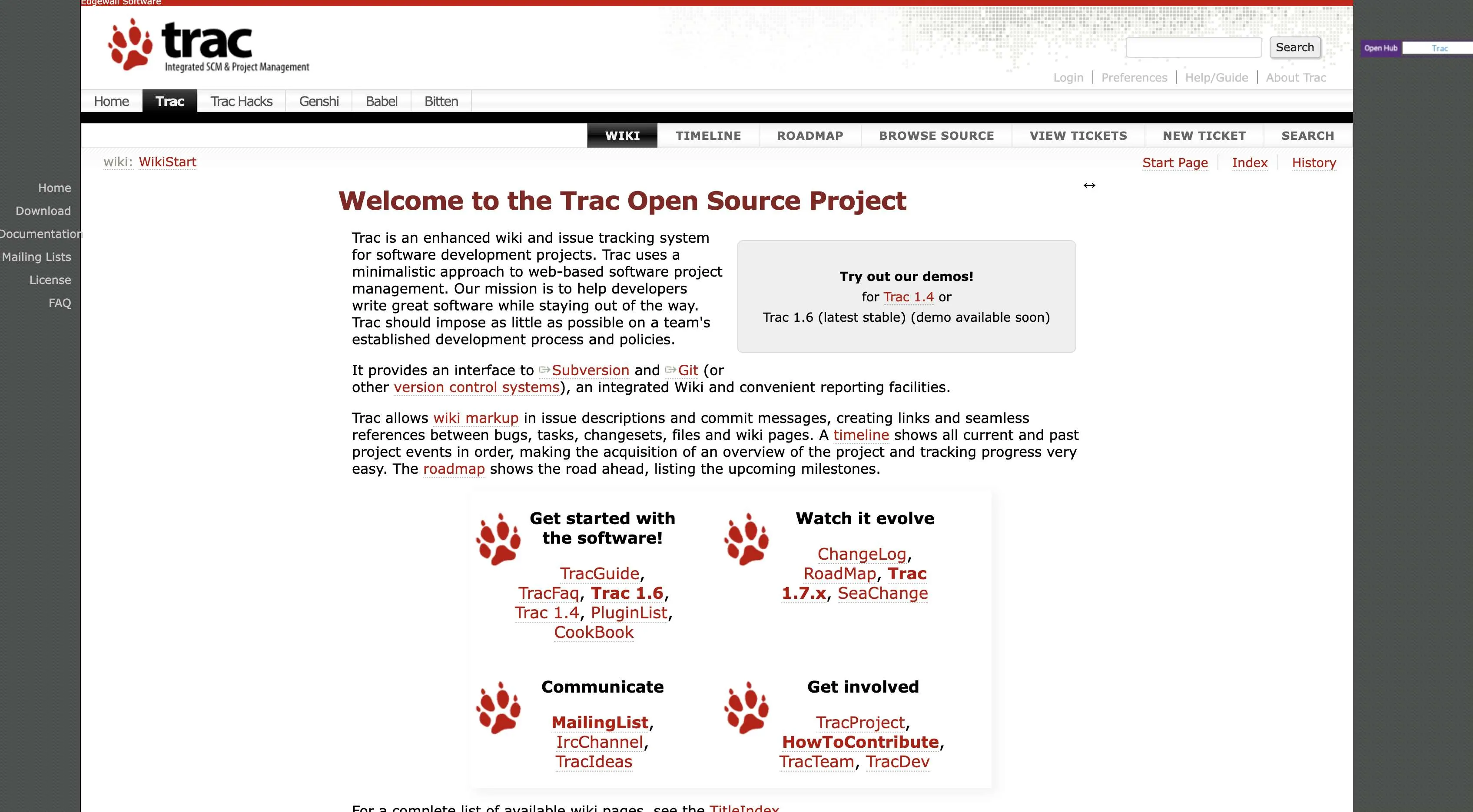 Screenshot of Trac homepage.