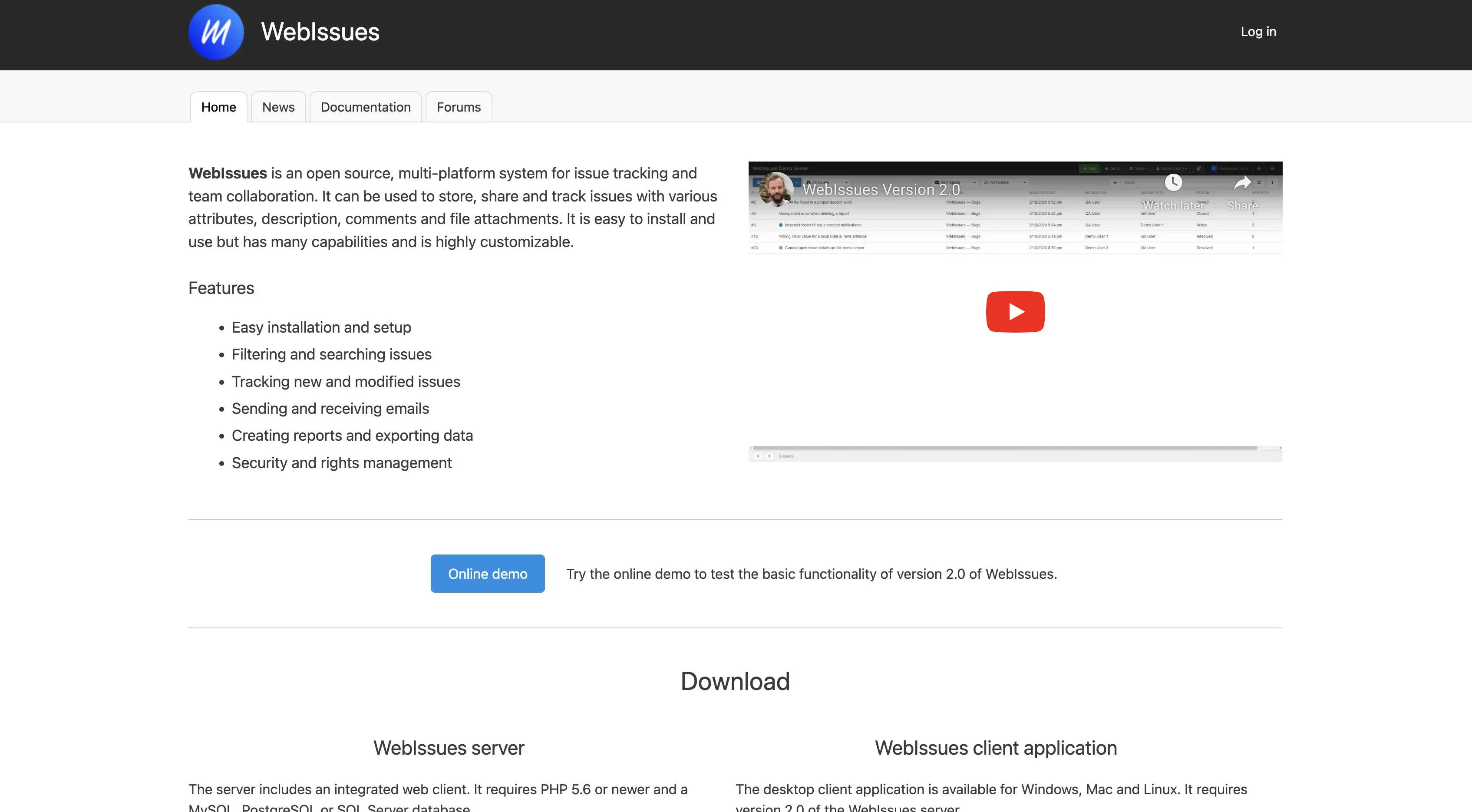 Screenshot of WebIssues homepage.