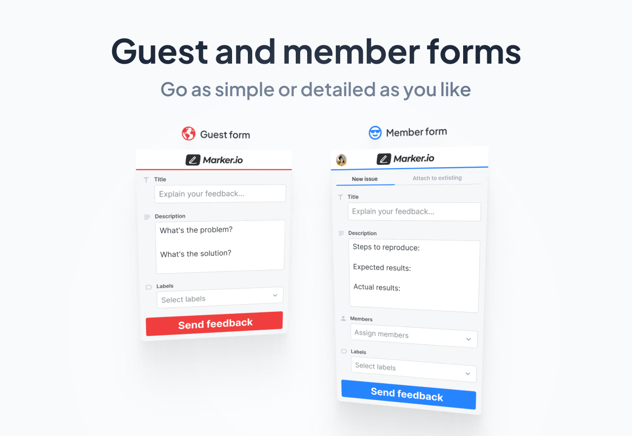 Image of different feedback form configurations for Marker.io