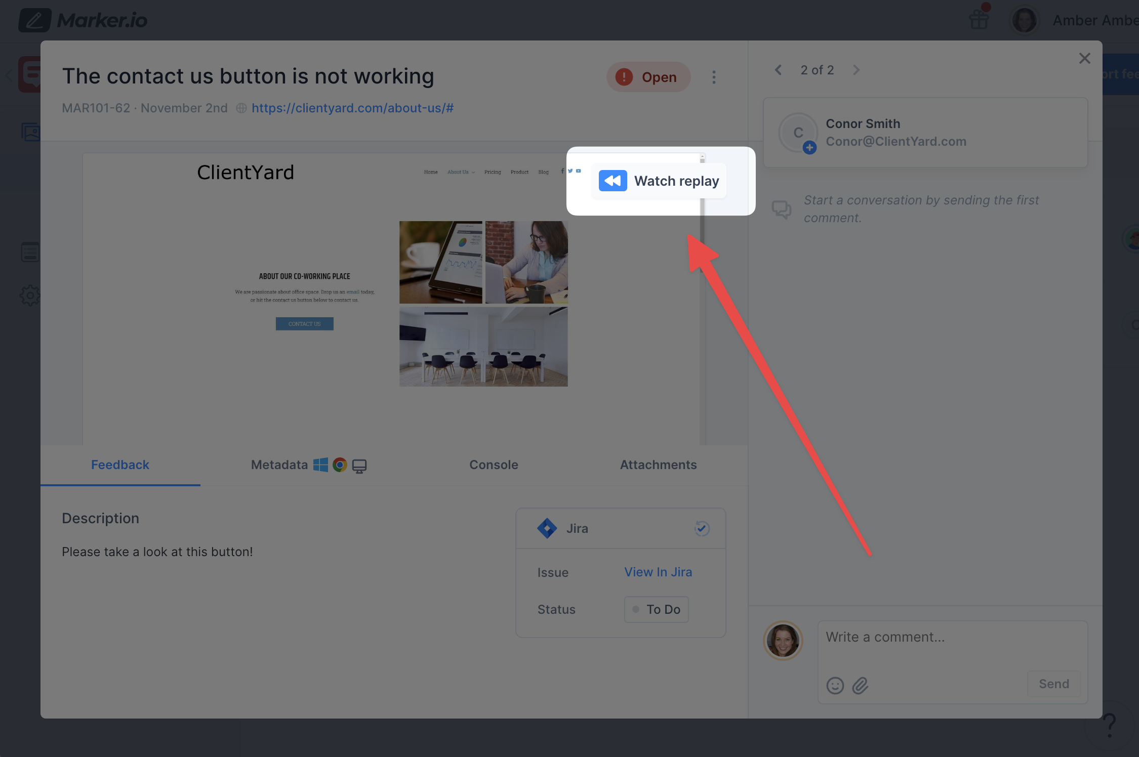 Example of Marker.io session replay attached to an issue page