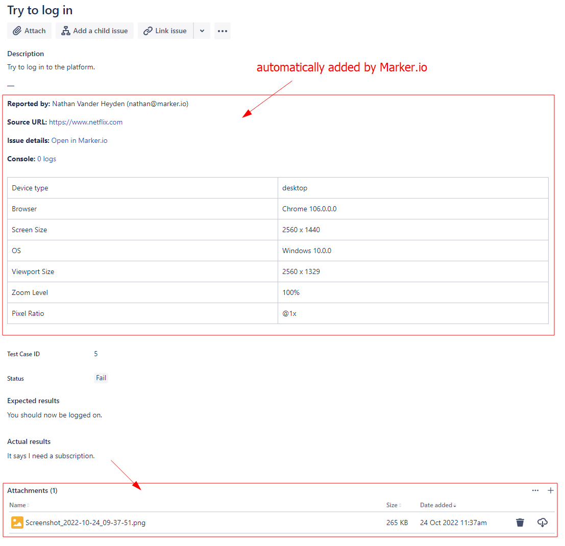 A Jira issue with all the information a developer needs to reproduce a bug found during testing.