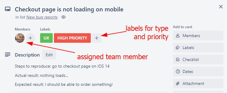 An example of labels and assignee fields in Trello.