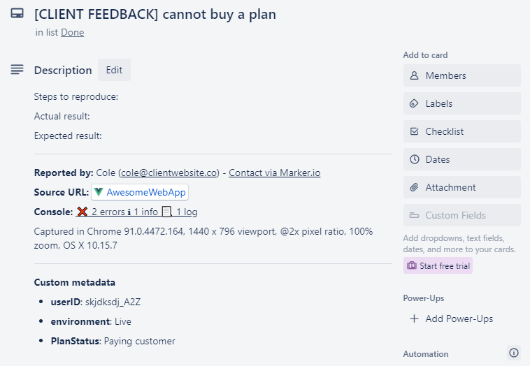 Example bug report in Jira.