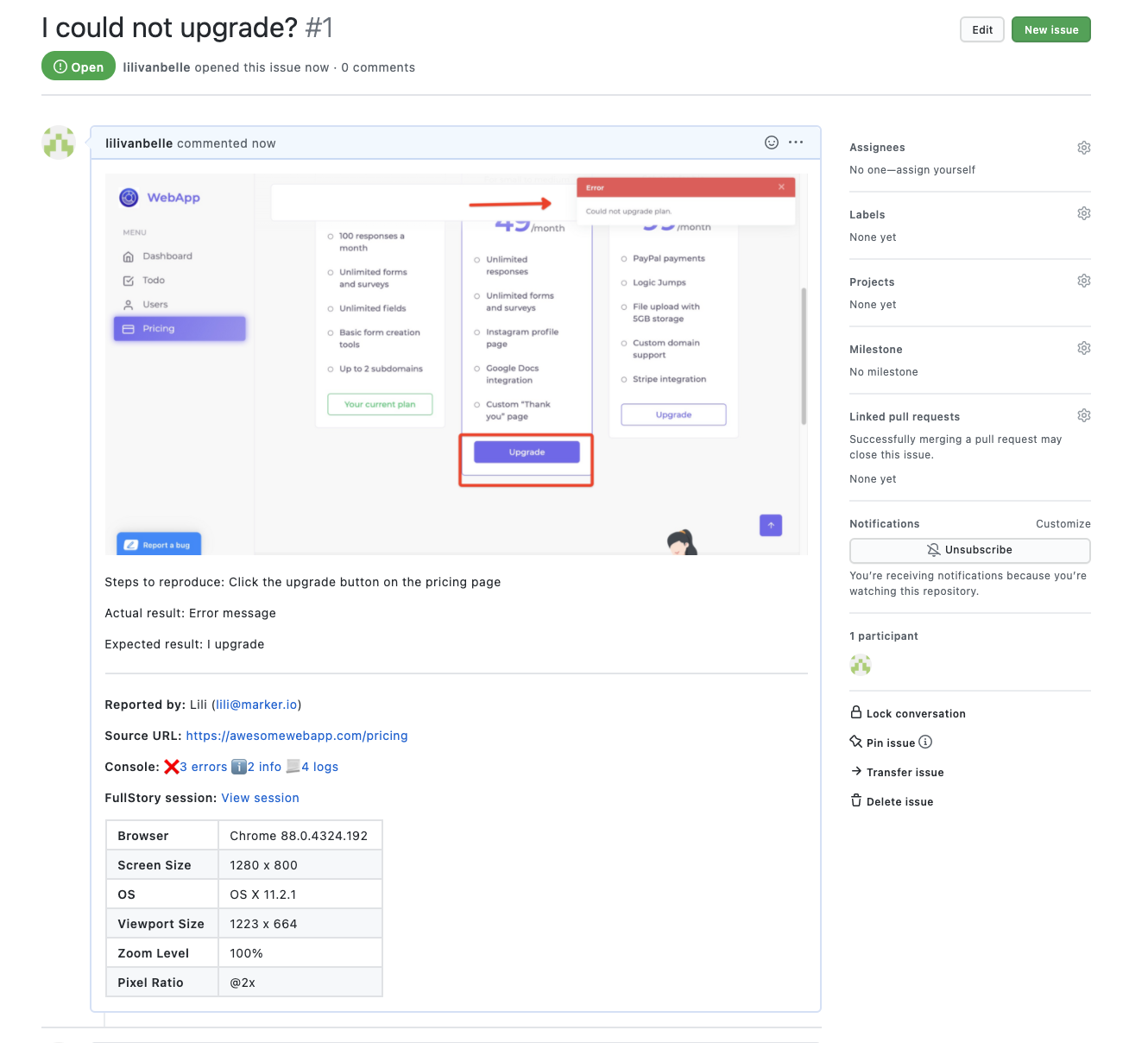 Sample bug report in GitHub.