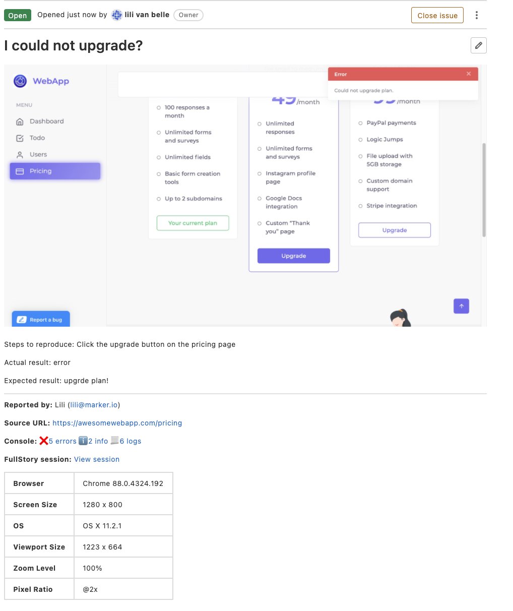 Sample bug report in GitLab.