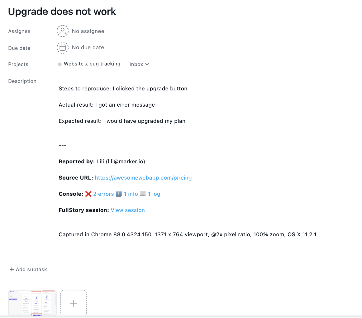 Sample bug report in Asana.