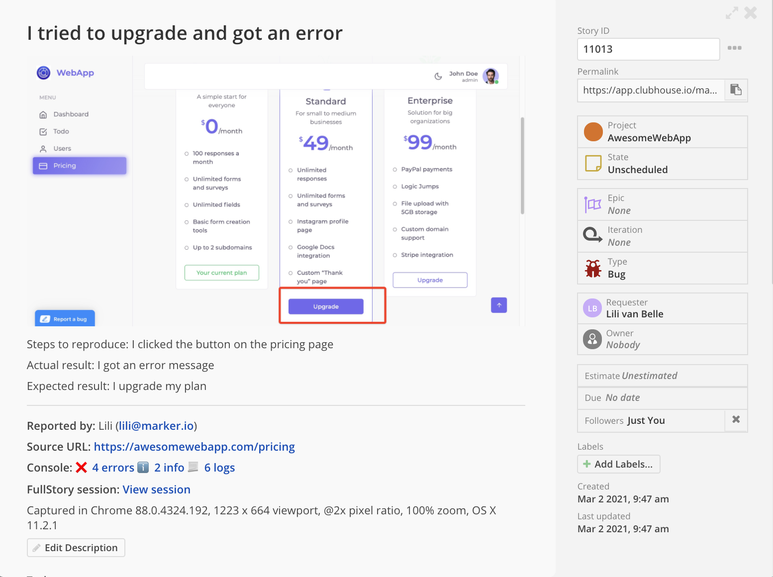 Sample bug report in Shortcut.
