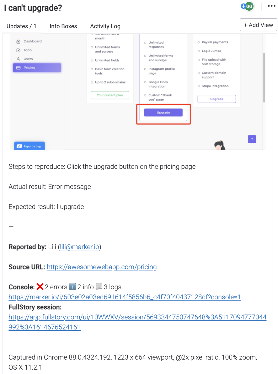 Sample bug report in Monday.