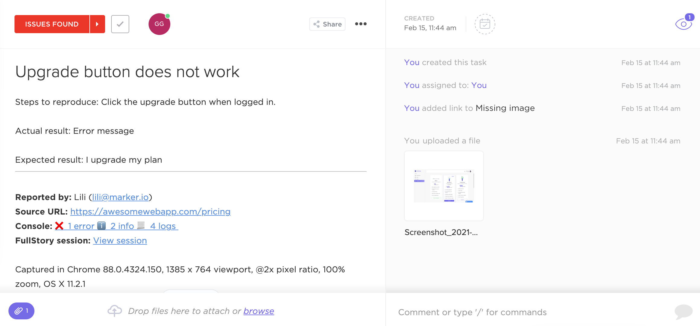Sample bug report in ClickUp.
