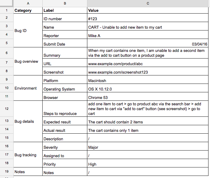 Sample bug report in Excel.