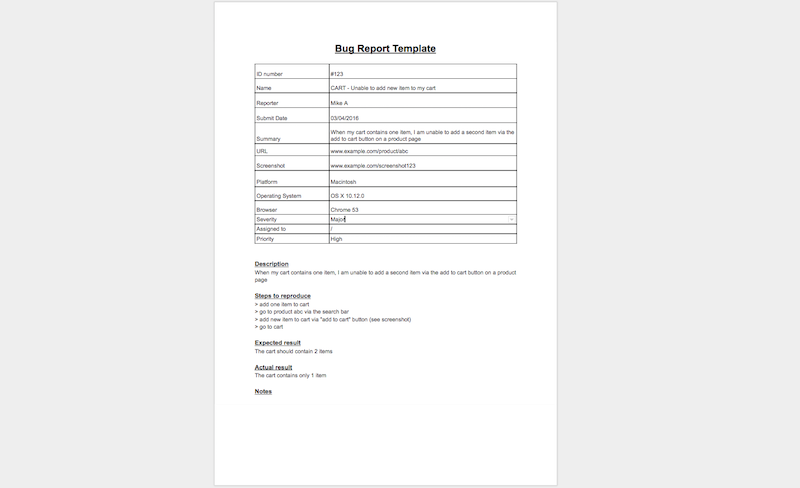 Sample bug report in Microsoft Word.