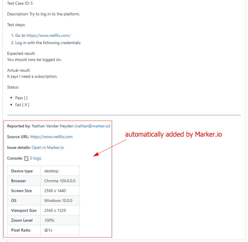 The same UAT test case in GitHub, but with extra information provided by Marker.io, such as console logs, browser, etc