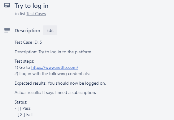 Sample UAT test case template in Trello