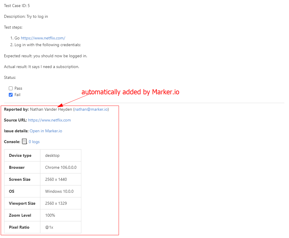 The same UAT test case in GitLab, but with extra information provided by Marker.io, such as console logs, browser, etc