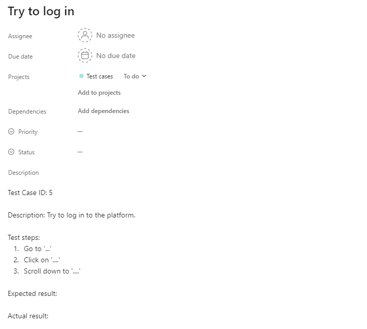 Sample UAT test case template in Asana