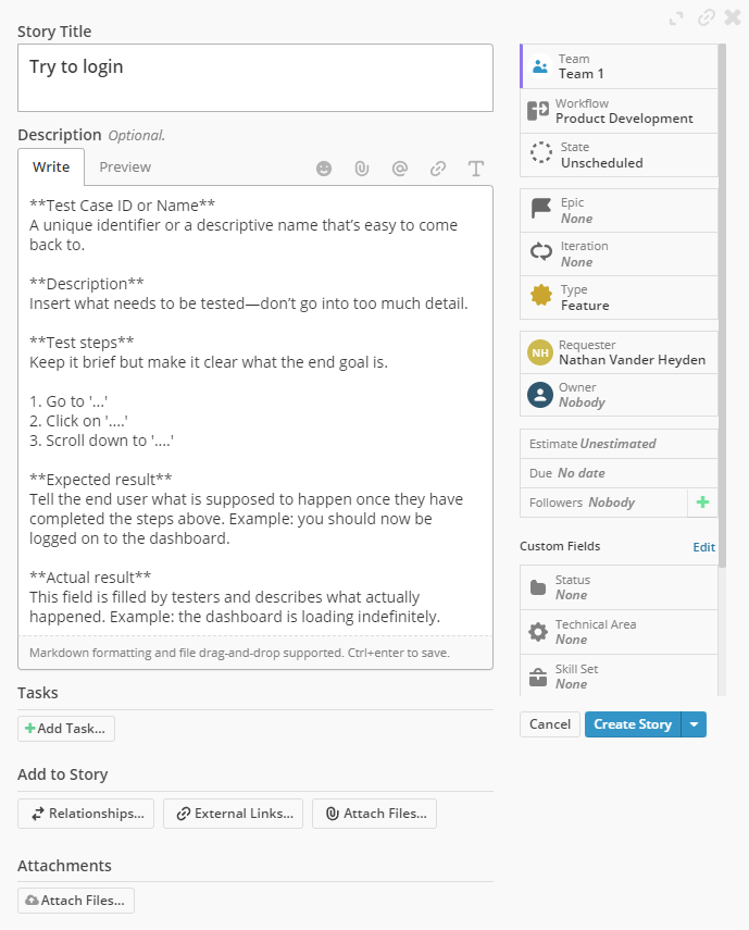 Sample UAT test case in Shortcut