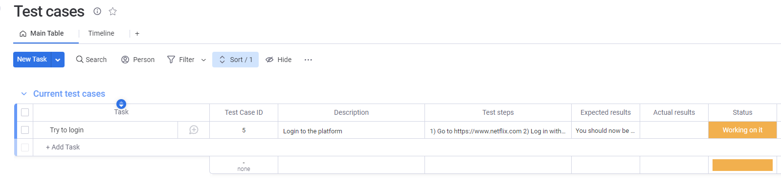 Sample UAT test case in Monday