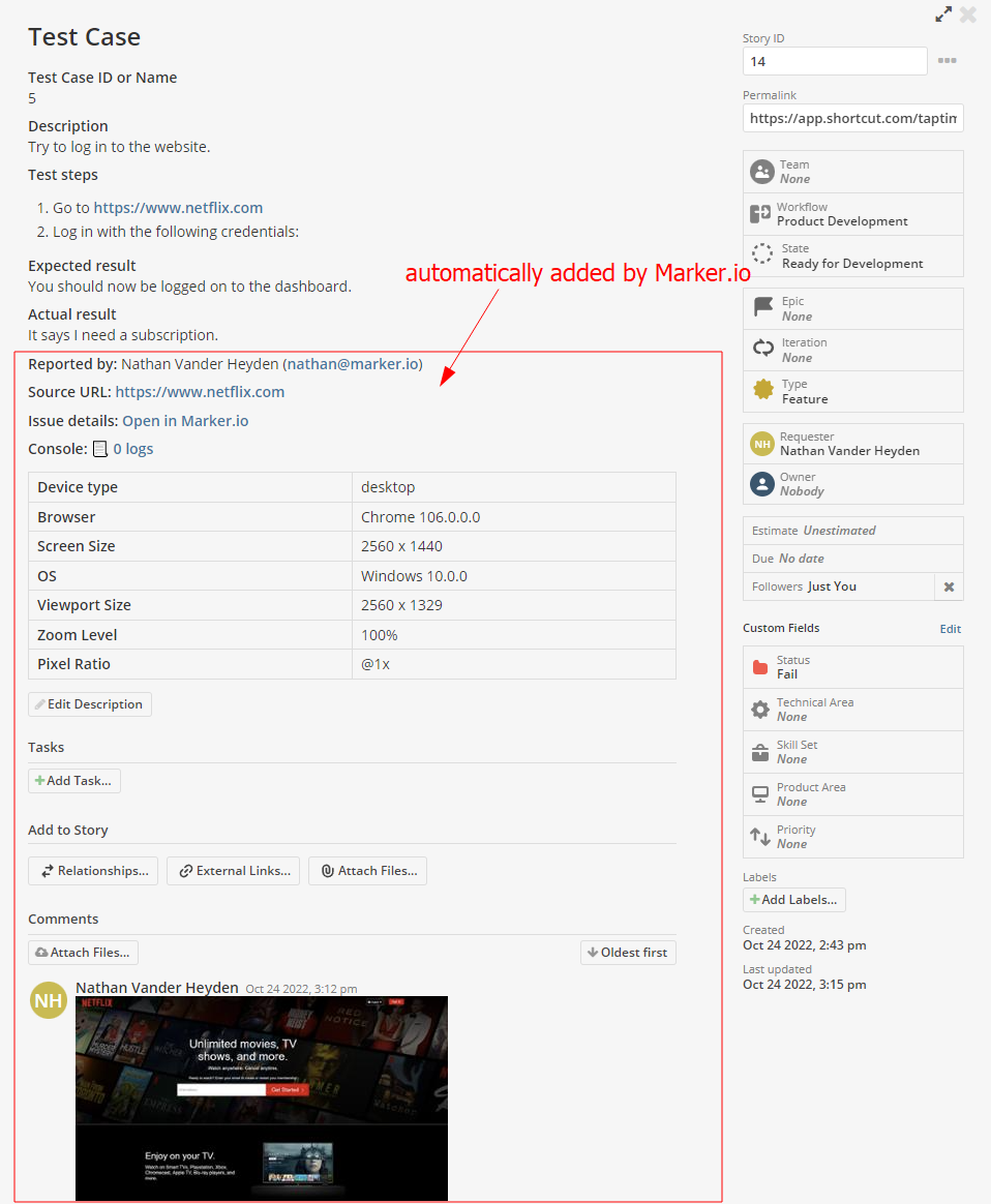 The same UAT test case in Shortcut, but with extra information provided by Marker.io, such as console logs, browser, etc