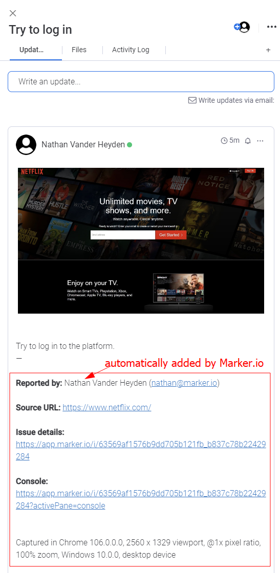 The same UAT test case in Monday, but with extra information provided by Marker.io, such as console logs, browser, etc