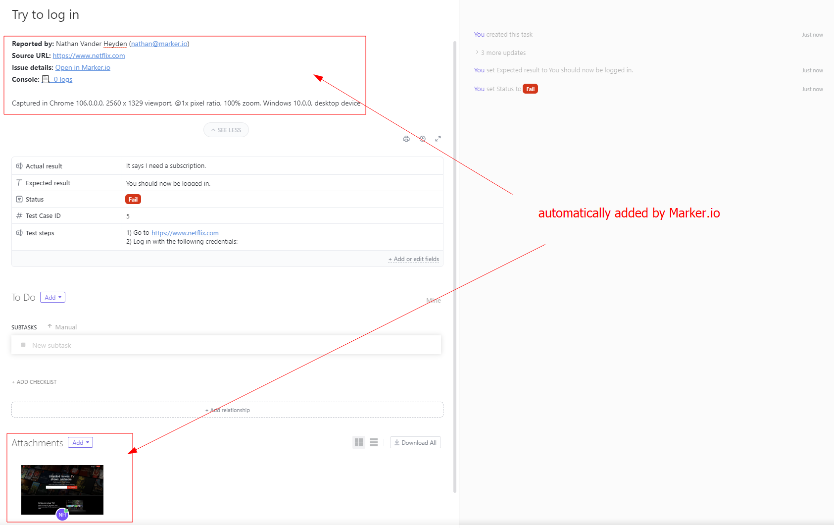 The same UAT test case in ClickUp, but with extra information provided by Marker.io, such as console logs, browser, etc