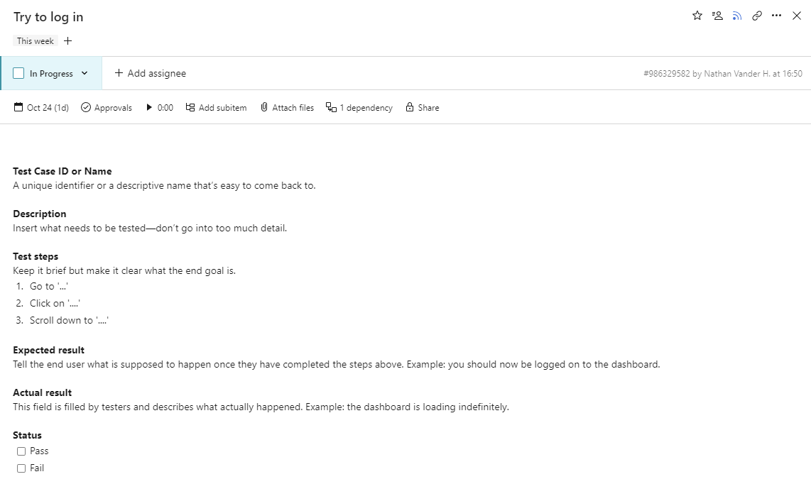 Sample UAT test case in Wrike