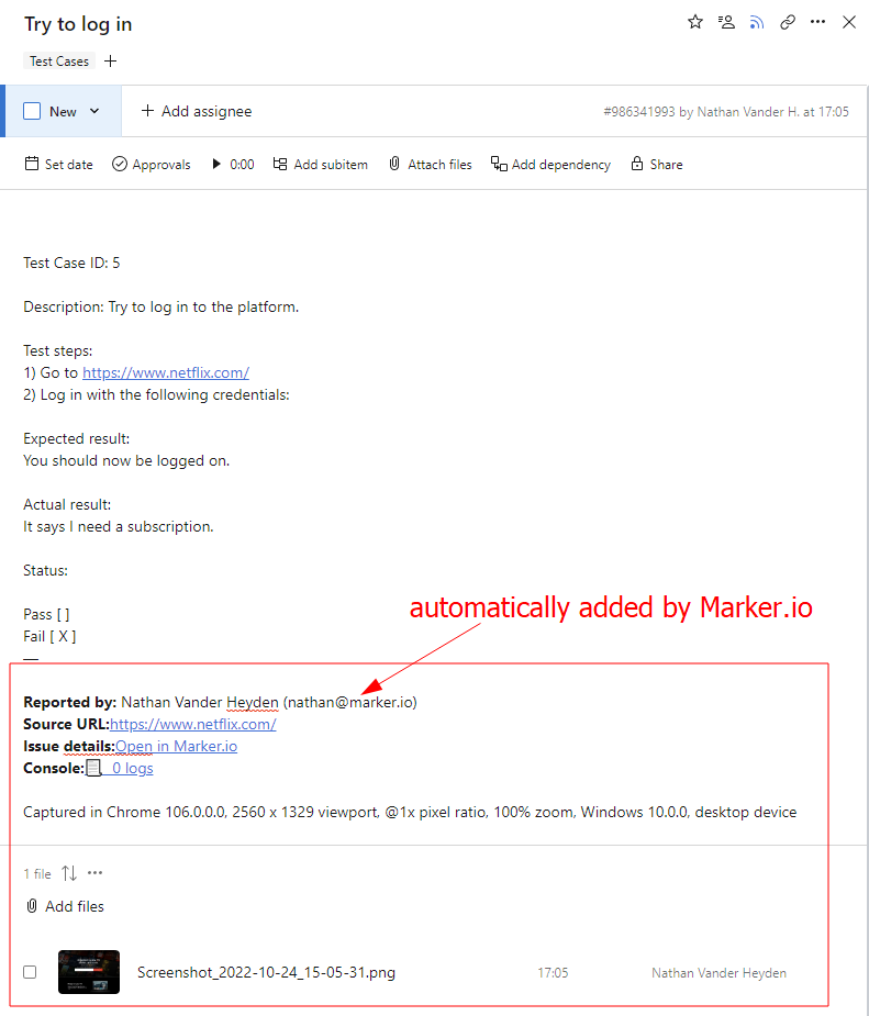 The same UAT test case in Wrike, but with extra information provided by Marker.io, such as console logs, browser, etc