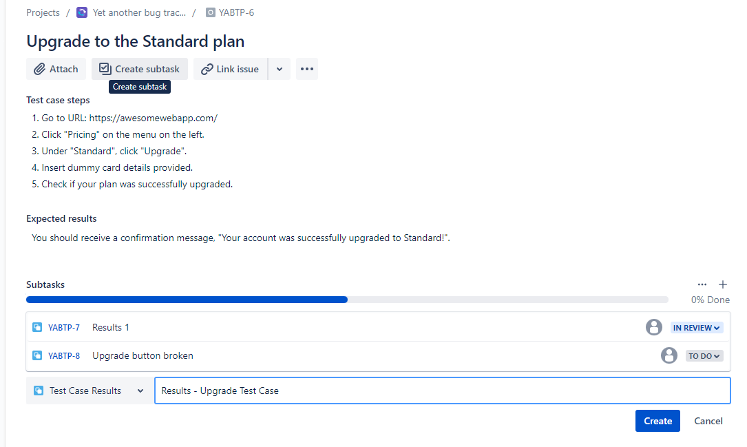 Menu for creating subtasks in Jira