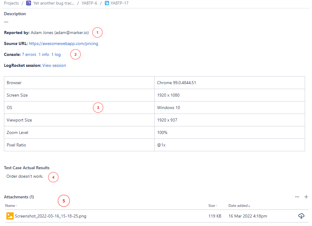The results of a test case in Jira, enhanced with information from Marker.io widget