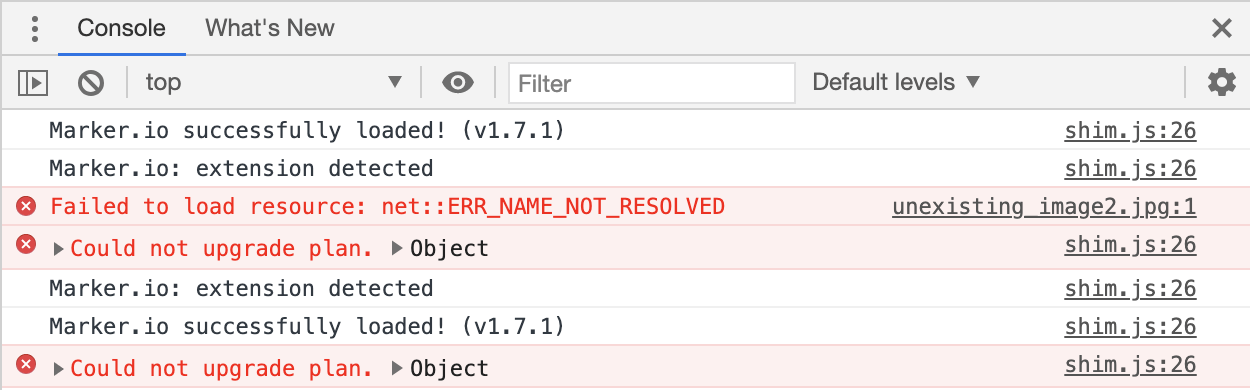 Console logs showing error messages in the browser