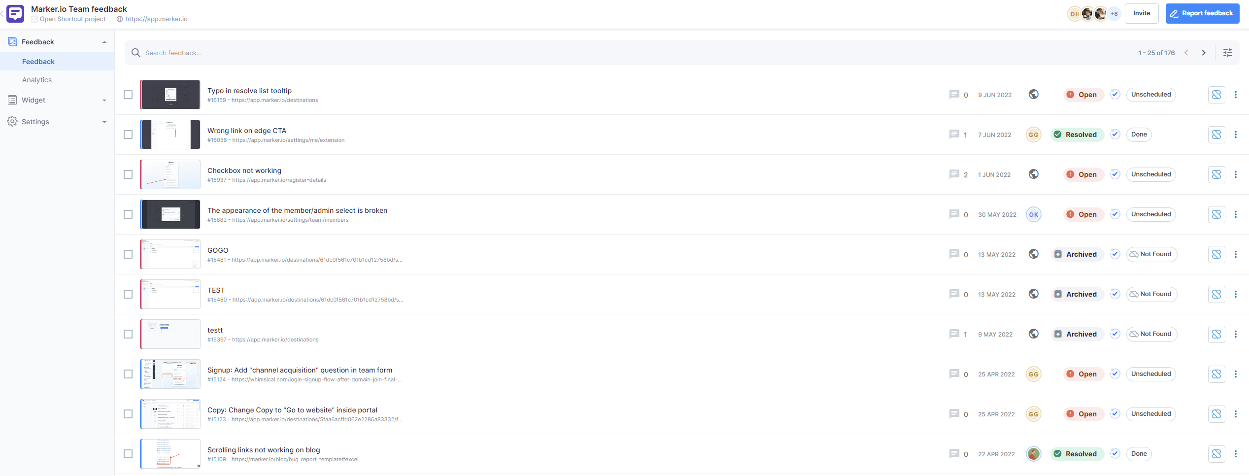 Marker.io's dashboard shows all bugs and their status
