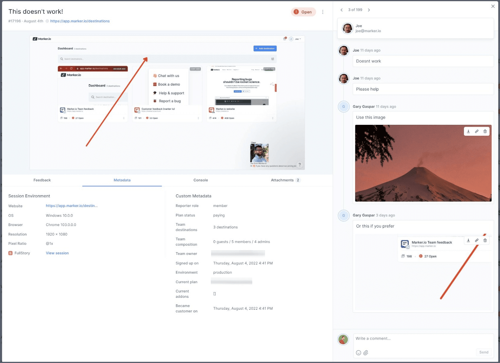 Marker.io's feedback page shows a screenshot of a bug, annotations, and discussion with the client