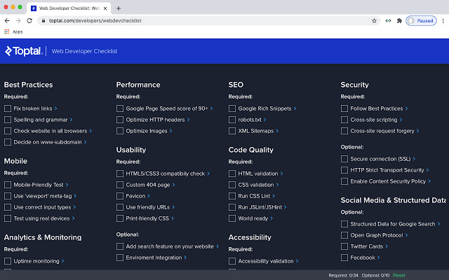 The Web Developer Checklist Chrome extension listing