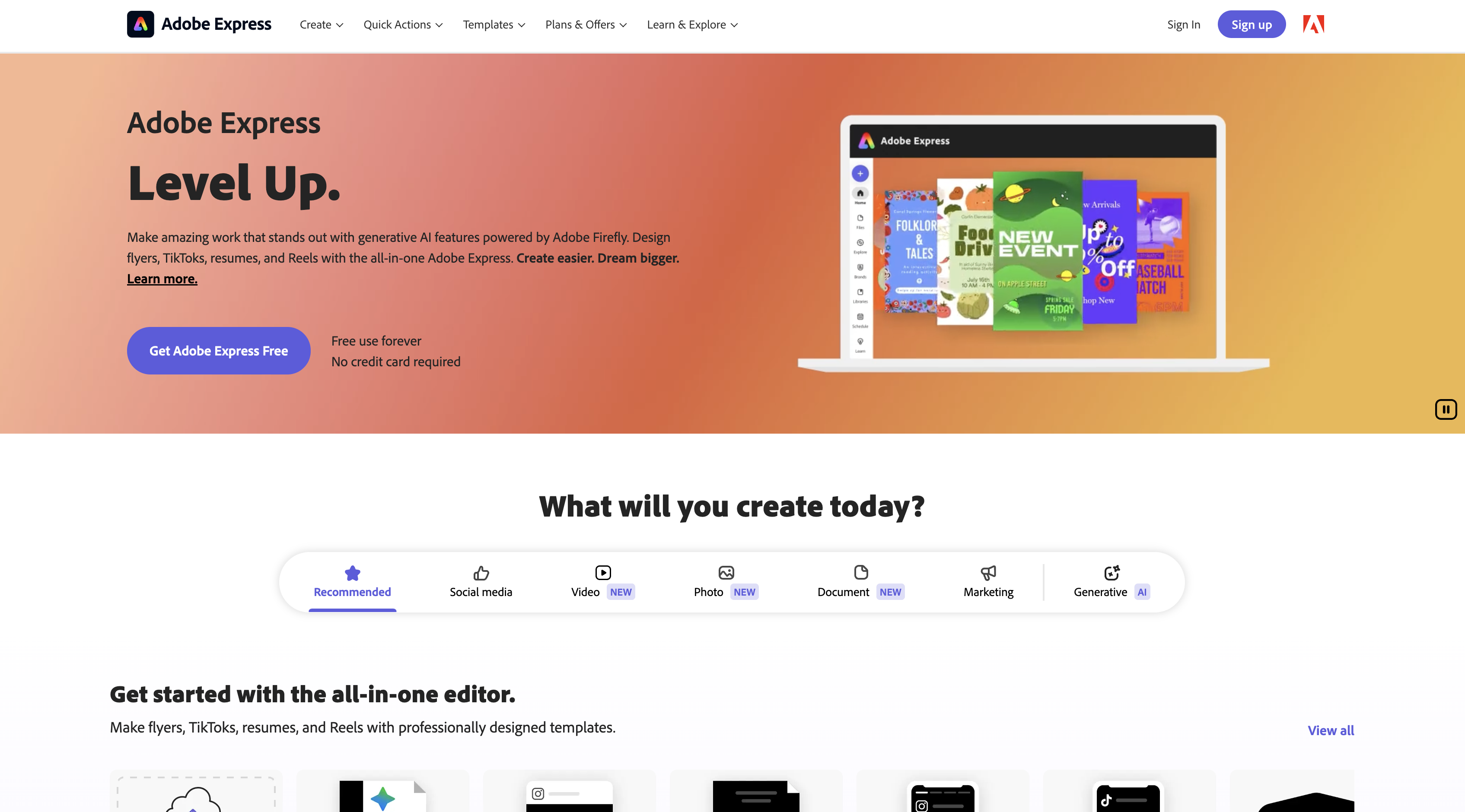 Screenshot of Adobe Express homepage