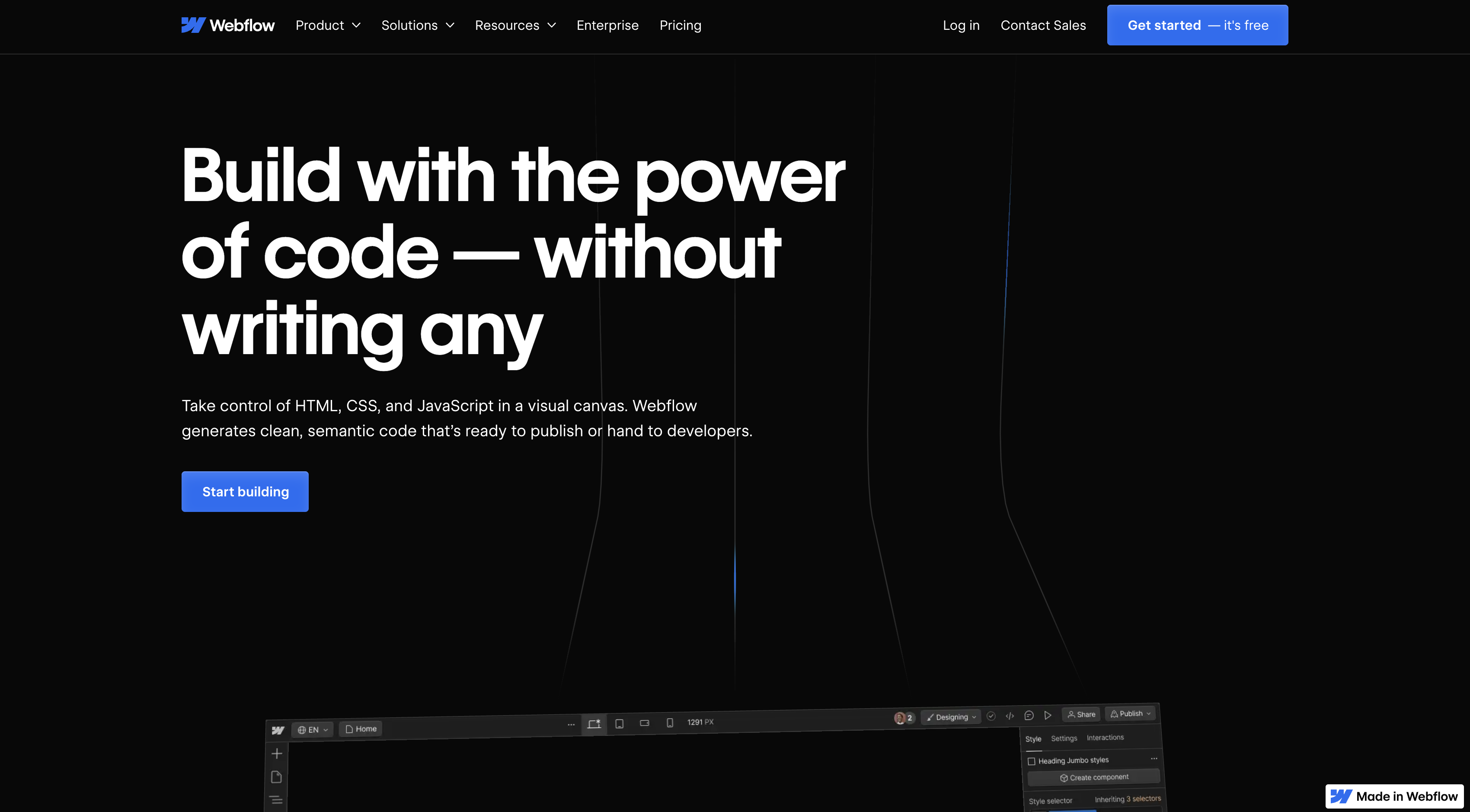 Screenshot of Webflow homepage