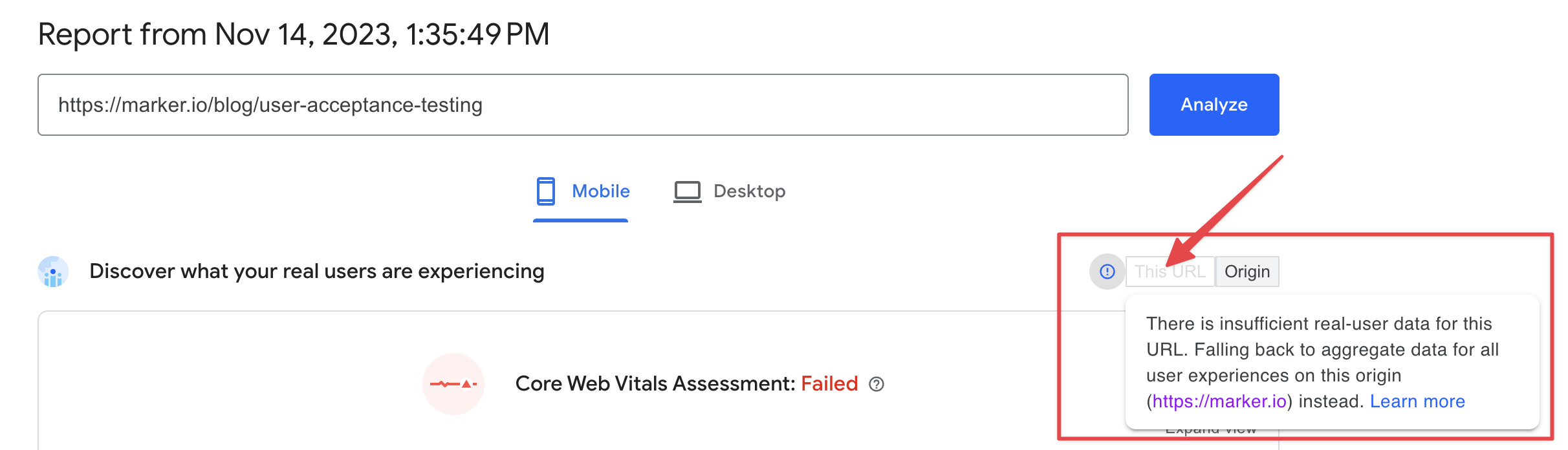 Pagespeed Insights warning that there is not enough real user data to measure page performance