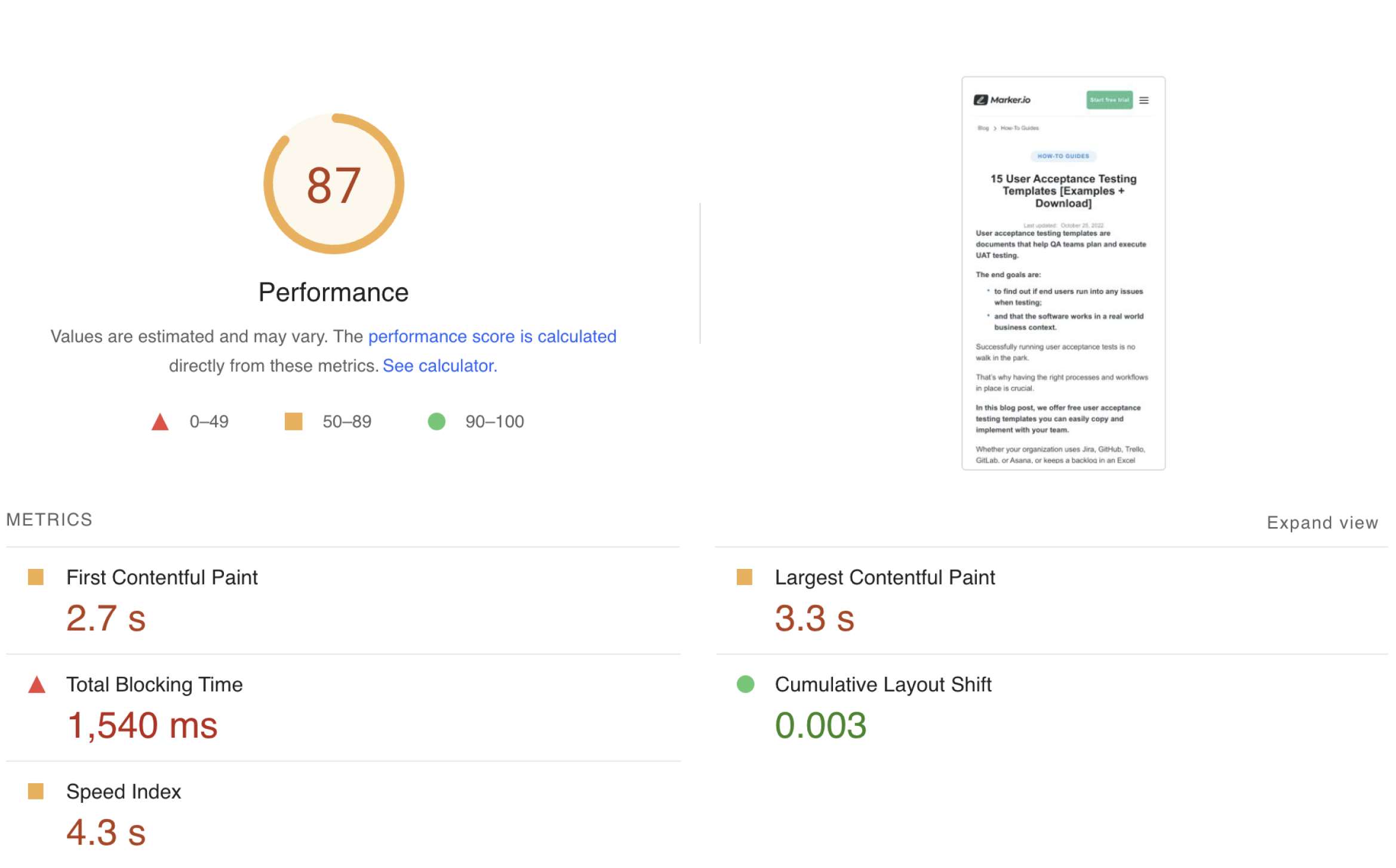 Performance report on Google Pagespeed Insights that shows a much better score and fast load speeds