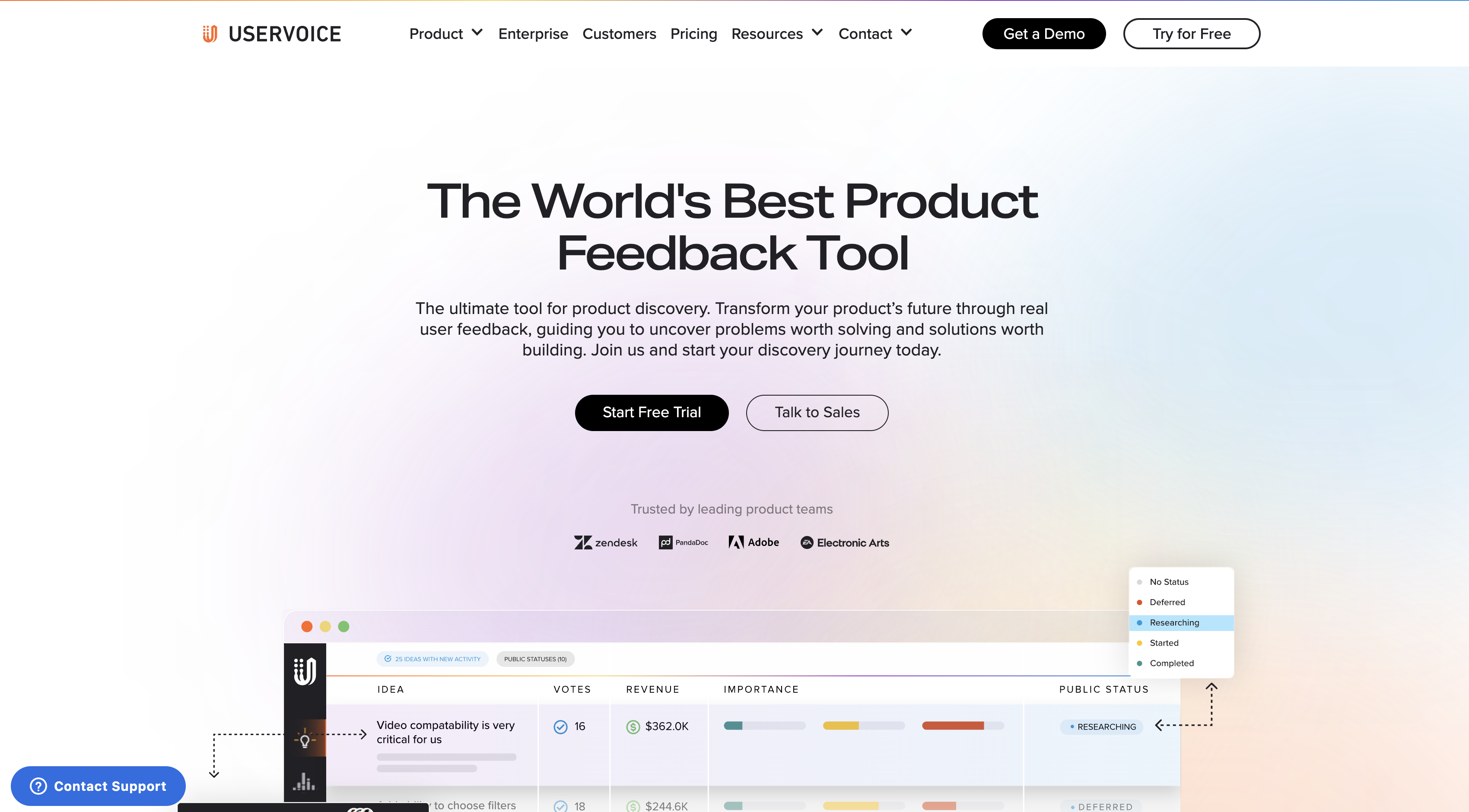Screenshot of UserVoice homepage