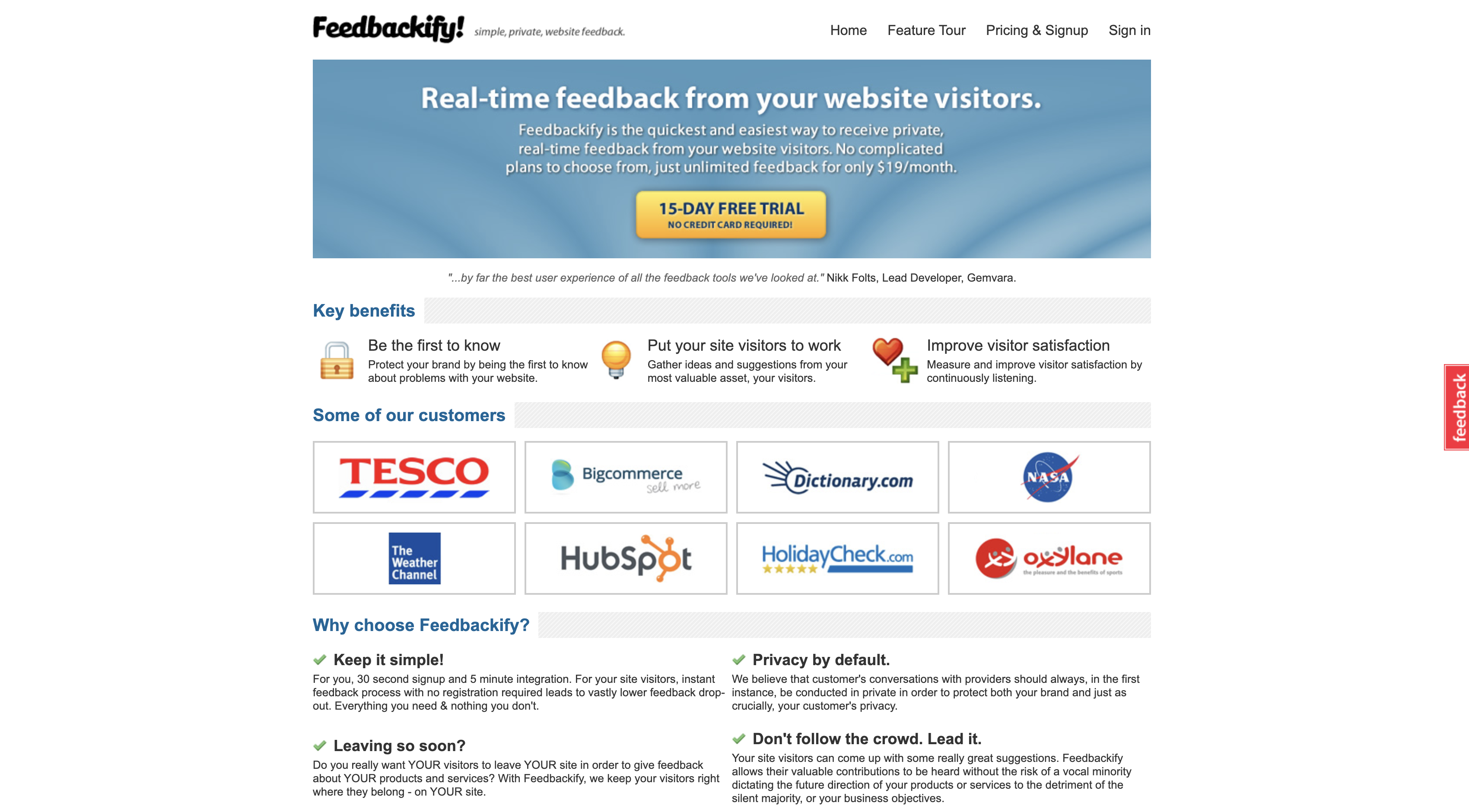 Screenshot of Feedbackify homepage
