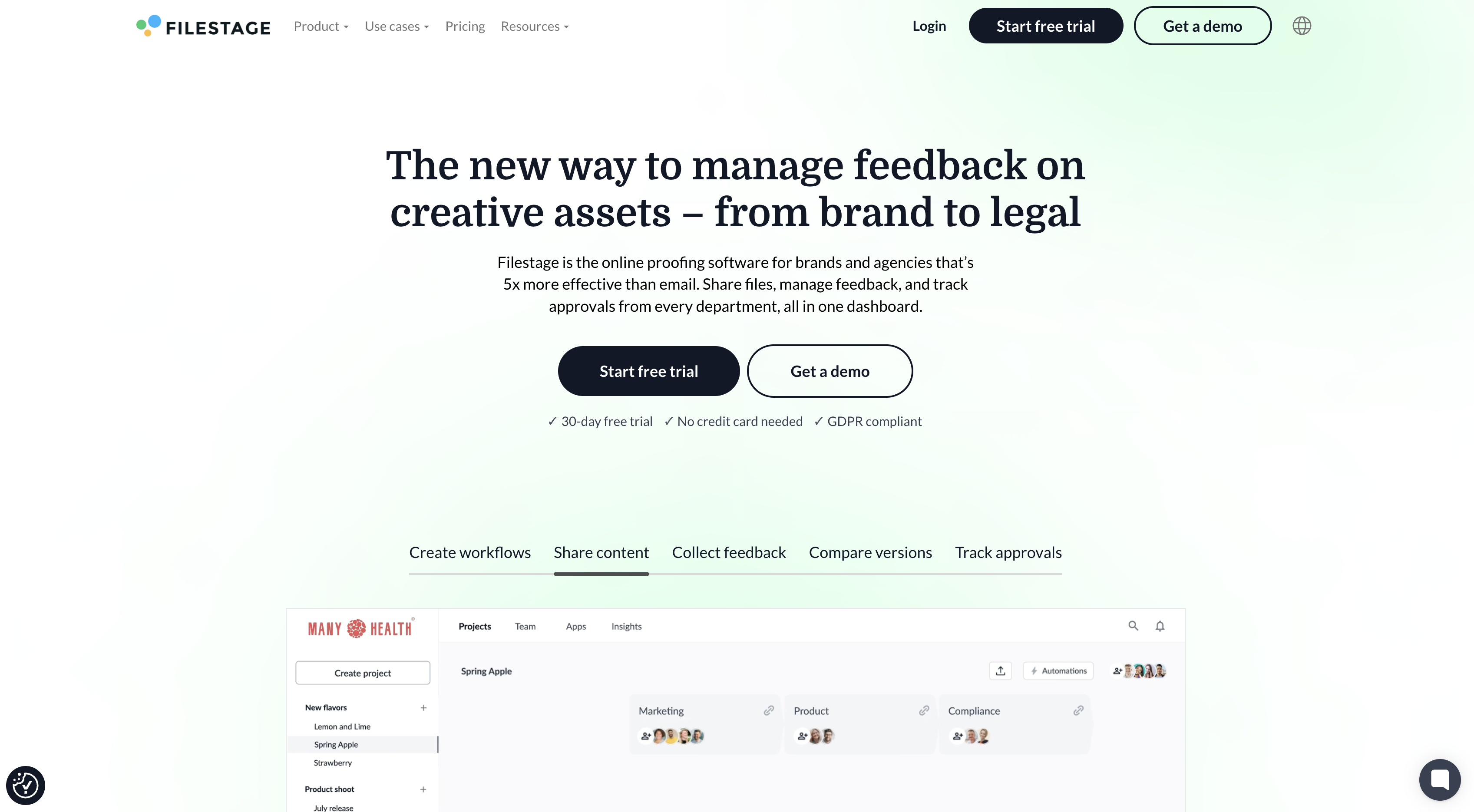 Screenshot of Filestage homepage.